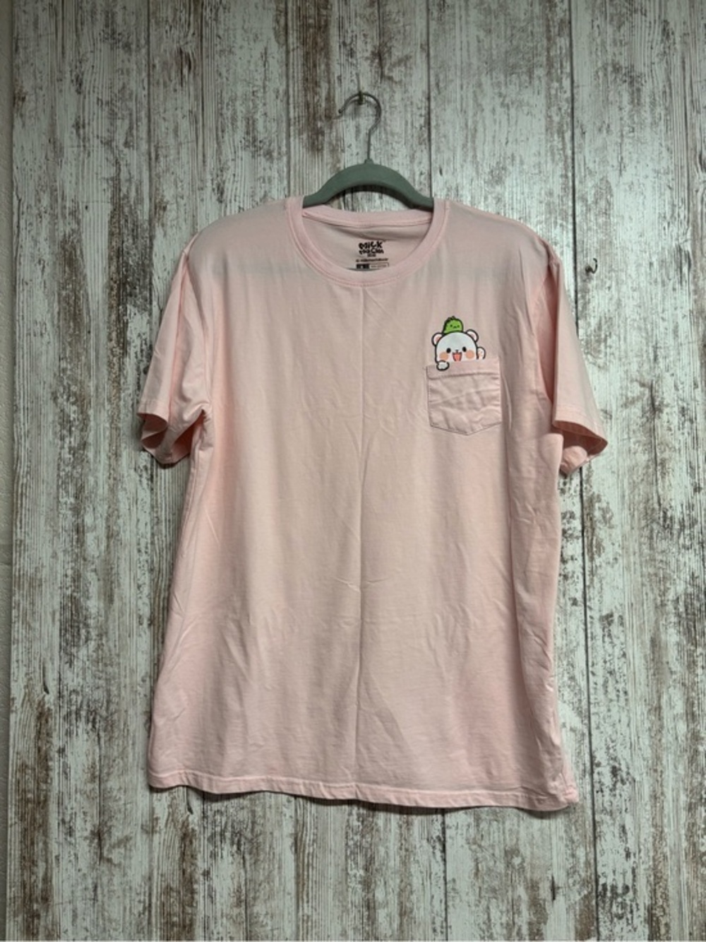 Casual Pink Short-Sleeve Tee with Pocket Character